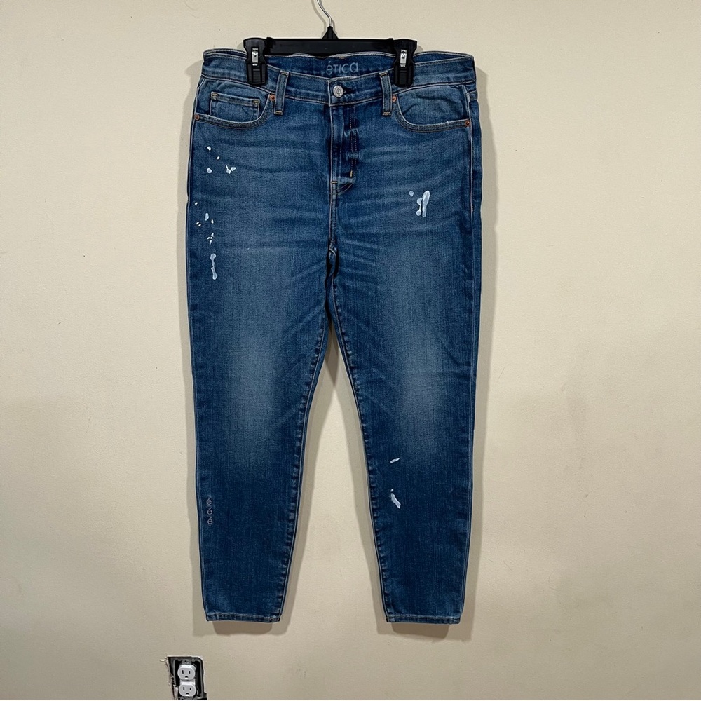 EUC Etica brand new high-rise skinny jeans w paint splatter detail size 29